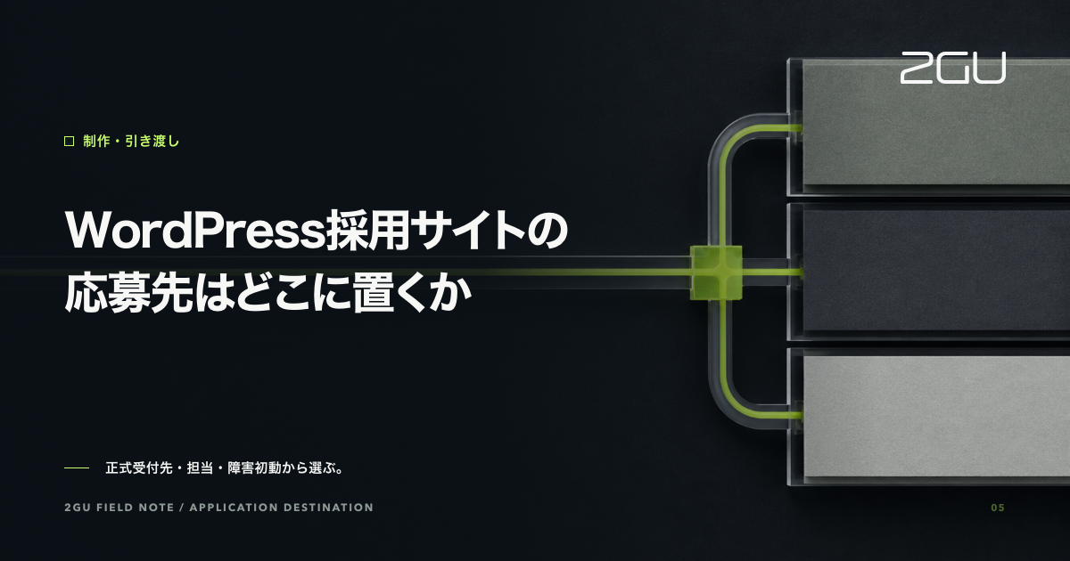 「WordPress採用サイトの応募先はどこに置くか」のタイトルと制作・引き渡しカテゴリーを示す2GU記事のアイキャッチ画像