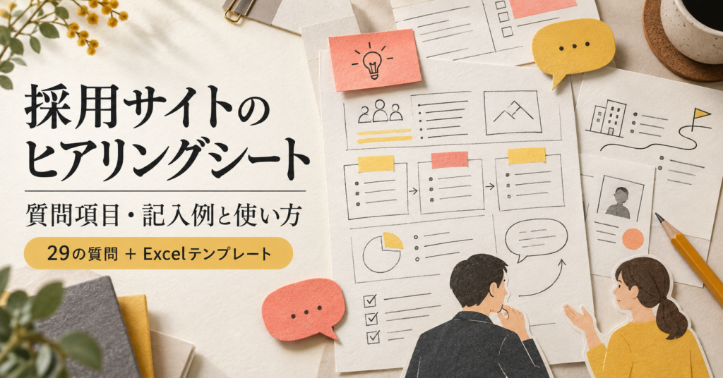 採用サイトのヒアリングシート。質問項目・記入例と使い方、29の質問とExcelテンプレートの案内。紙のシートを囲んで話す人物のイラスト。