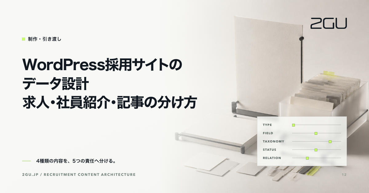 紙、単票、半透明の記録トレイへ内容を分け、分類・状態・関係の接続を表した「WordPress採用サイトのデータ設計」のアイキャッチ