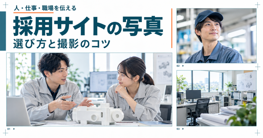 採用サイトの写真：選び方と撮影のコツ。人物、模型を囲む相談、設計室の写真風イメージ